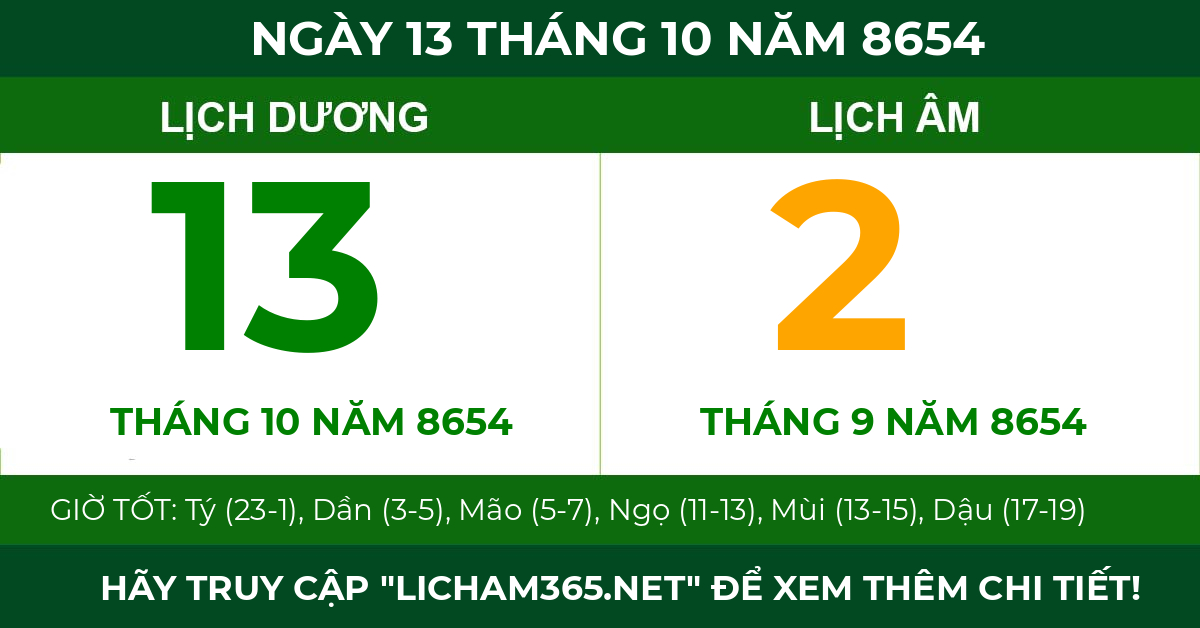 lịch âm ngày 13 tháng 10 năm 8654