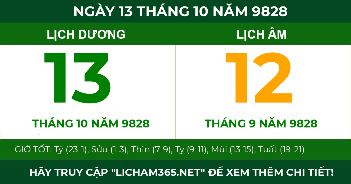 lịch âm ngày 13 tháng 10 năm 9828