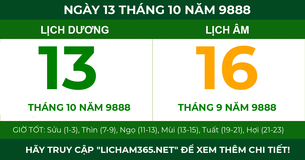 lịch âm ngày 13 tháng 10 năm 9888
