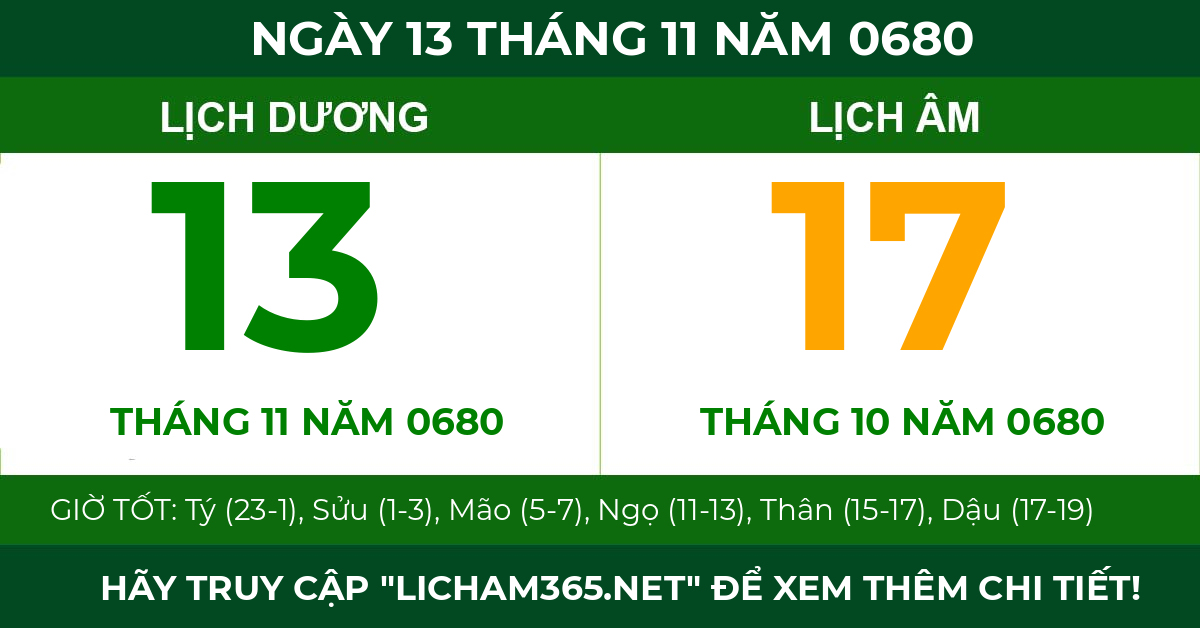 lịch âm ngày 13 tháng 11 năm 0680