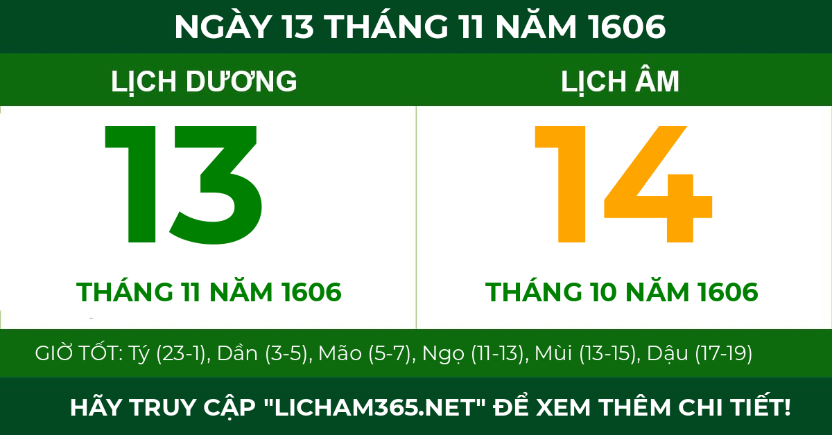 lịch âm ngày 13 tháng 11 năm 1606