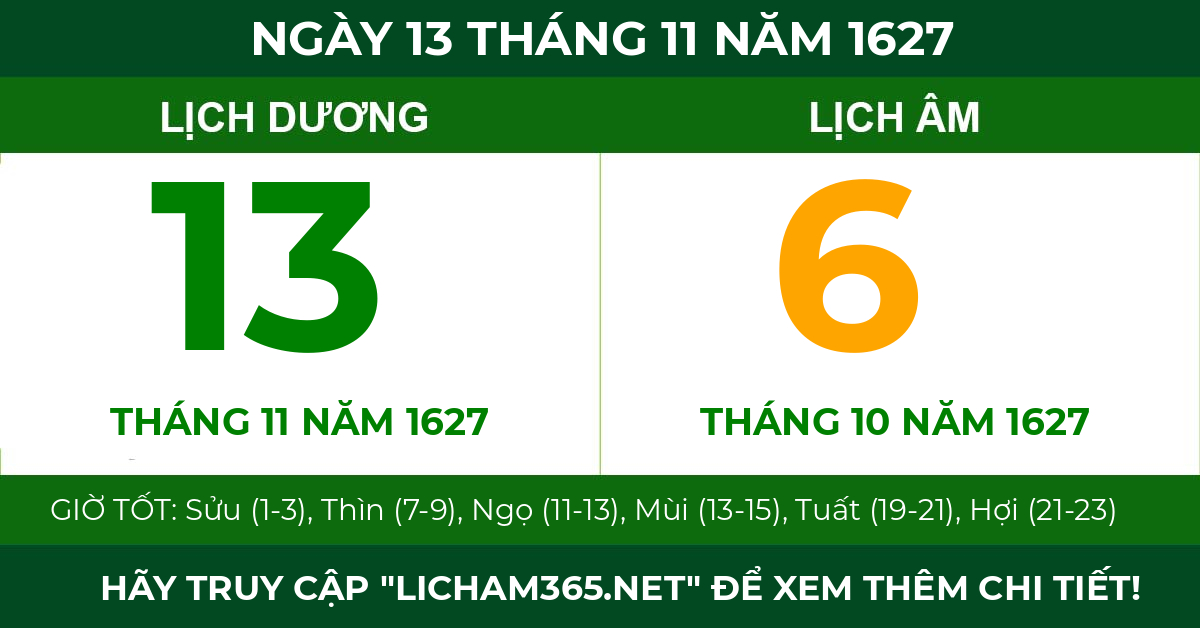 lịch âm ngày 13 tháng 11 năm 1627