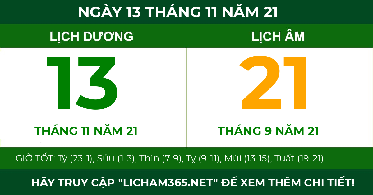 lịch âm ngày 13 tháng 11 năm 21