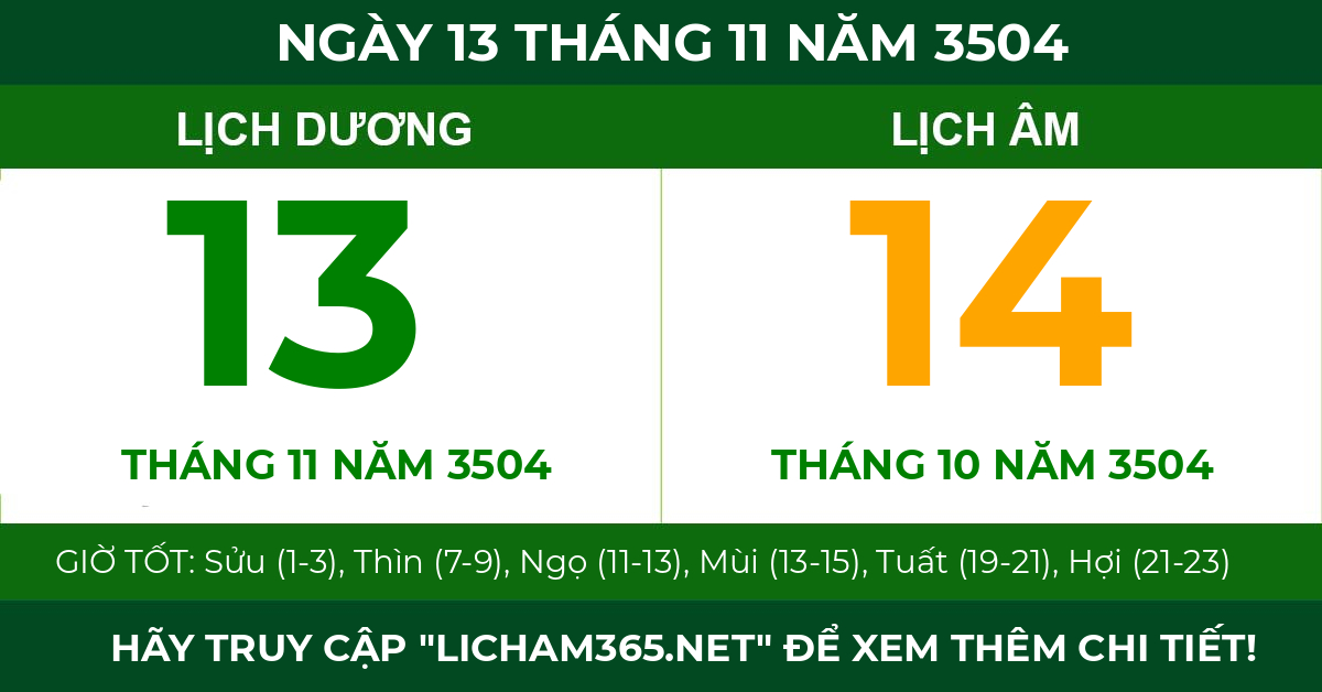lịch âm ngày 13 tháng 11 năm 3504