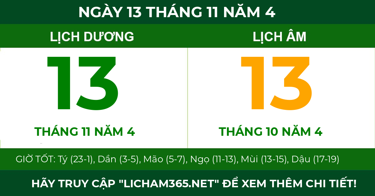 lịch âm ngày 13 tháng 11 năm 4
