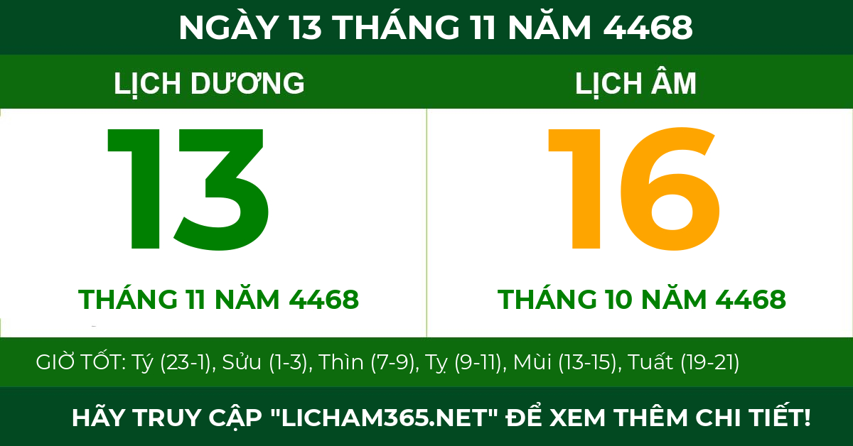 lịch âm ngày 13 tháng 11 năm 4468