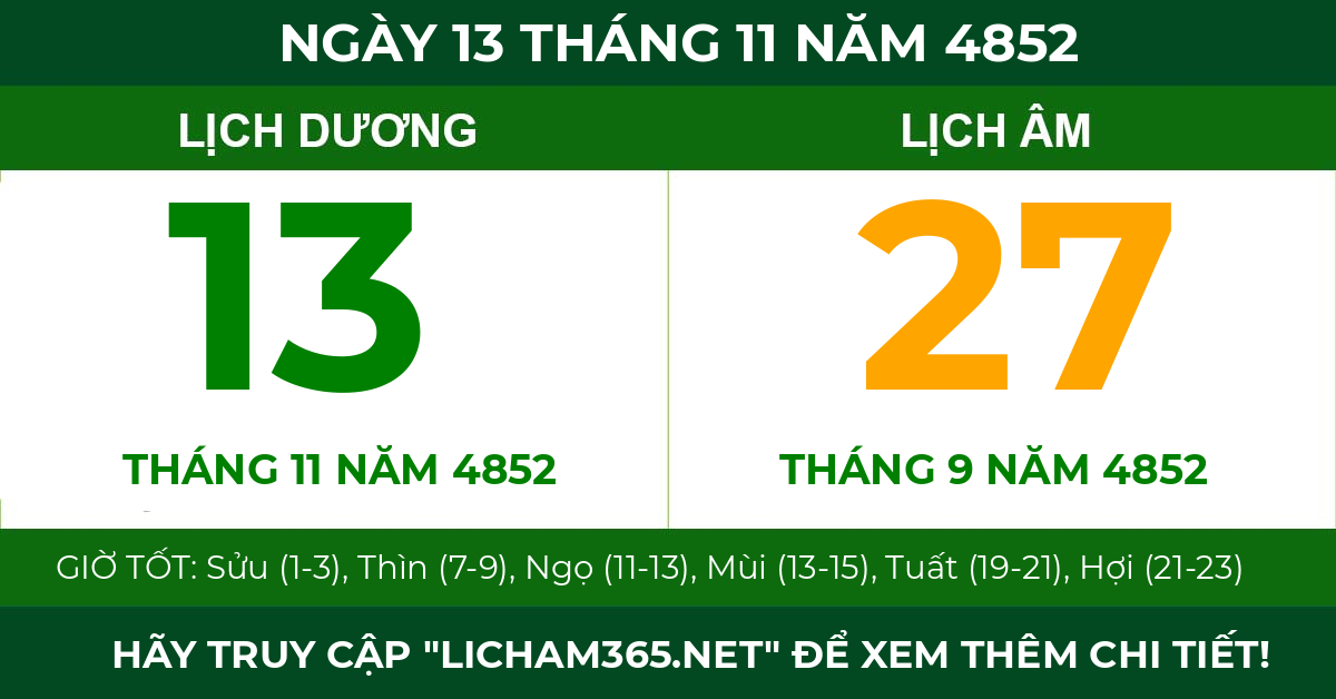 lịch âm ngày 13 tháng 11 năm 4852