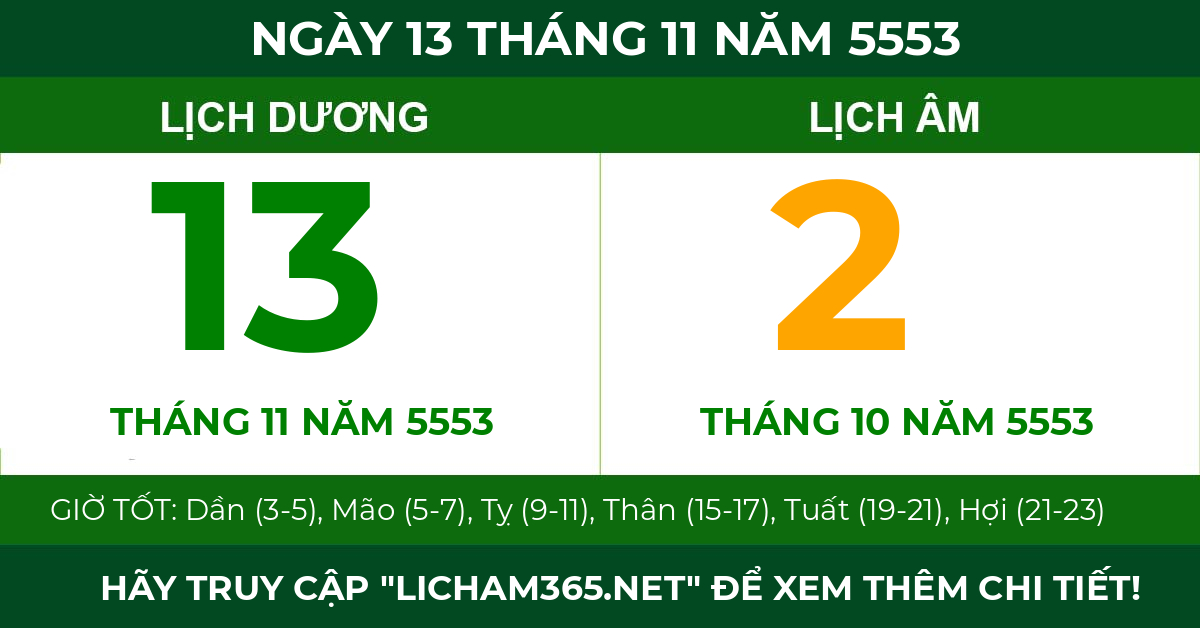 lịch âm ngày 13 tháng 11 năm 5553