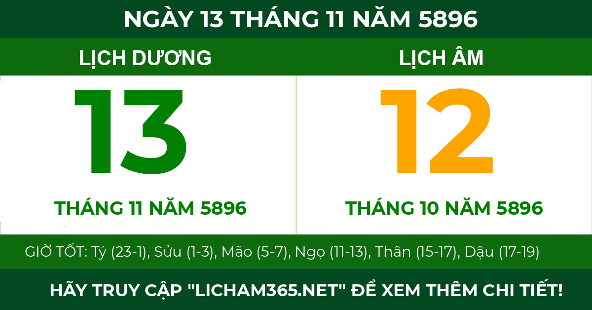 lịch âm ngày 13 tháng 11 năm 5896