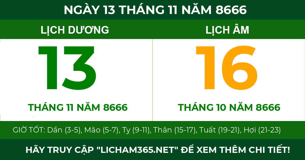 lịch âm ngày 13 tháng 11 năm 8666