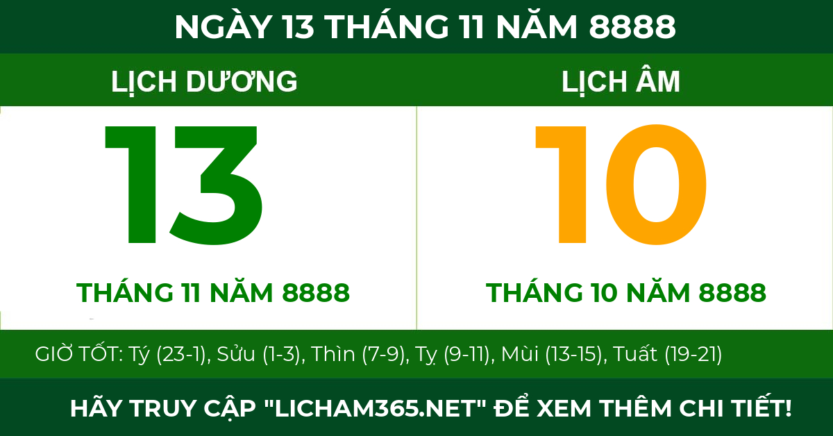 lịch âm ngày 13 tháng 11 năm 8888