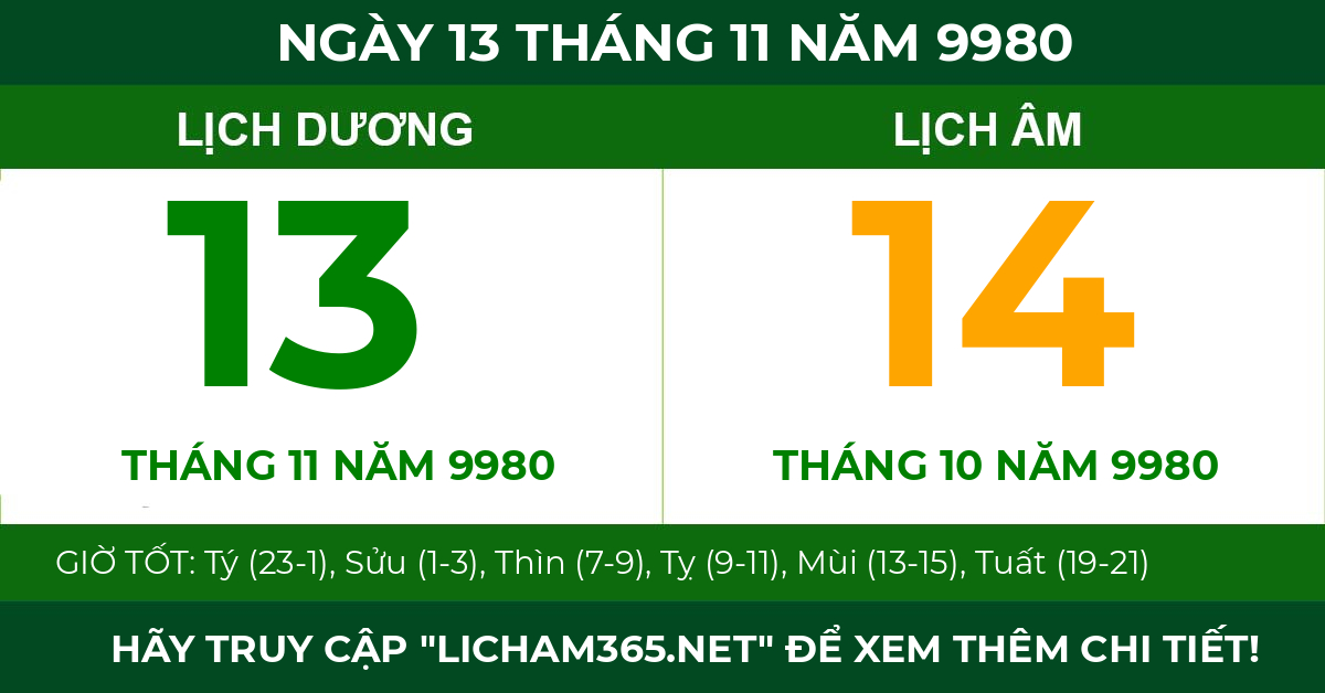 lịch âm ngày 13 tháng 11 năm 9980