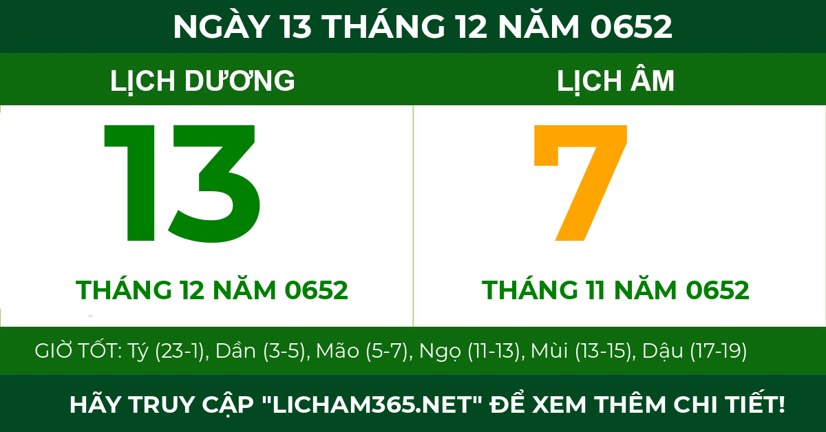 lịch âm ngày 13 tháng 12 năm 0652