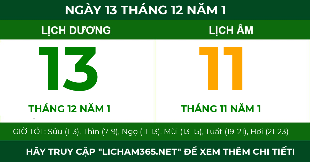 lịch âm ngày 13 tháng 12 năm 1