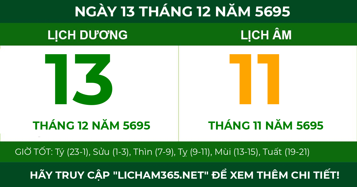 lịch âm ngày 13 tháng 12 năm 5695