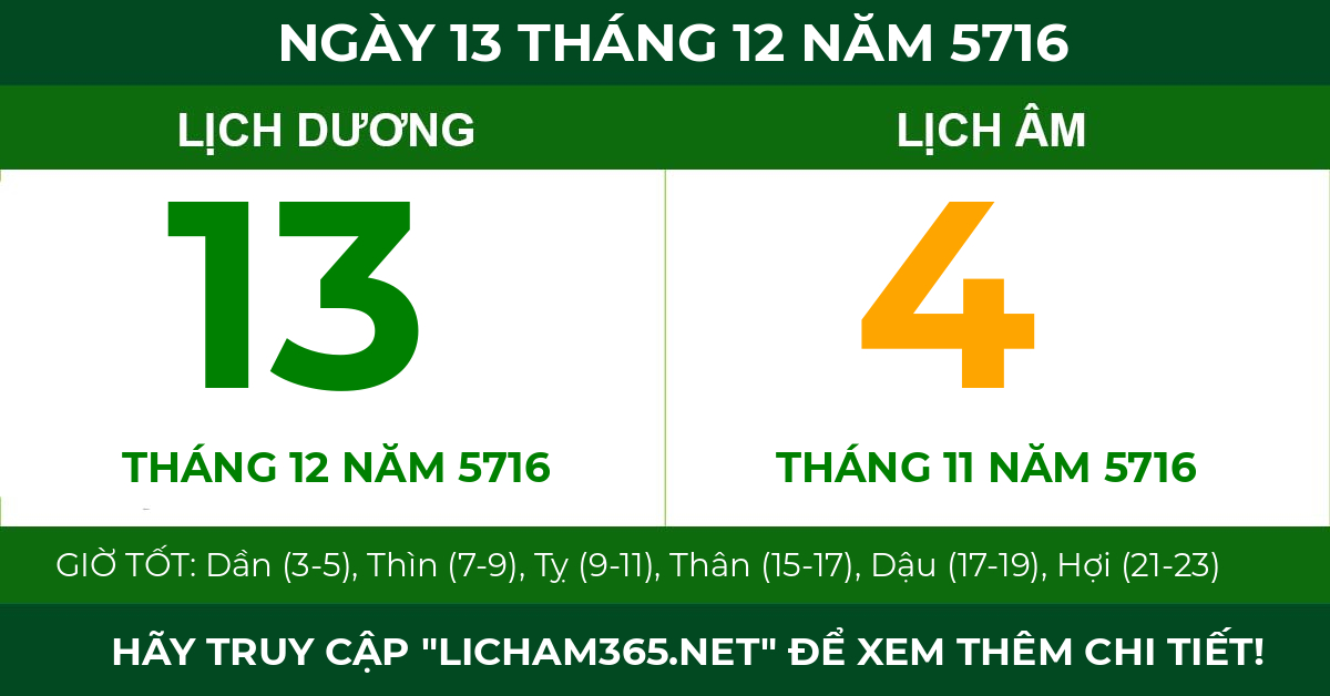 lịch âm ngày 13 tháng 12 năm 5716