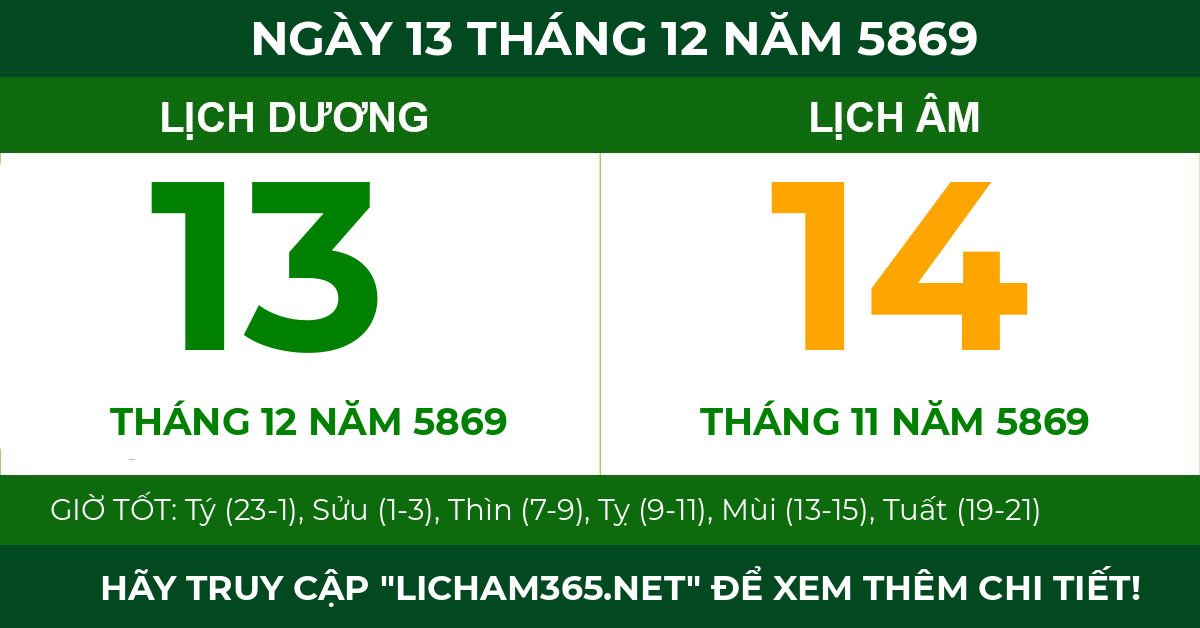 lịch âm ngày 13 tháng 12 năm 5869