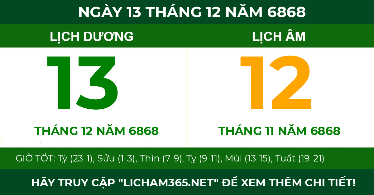 lịch âm ngày 13 tháng 12 năm 6868