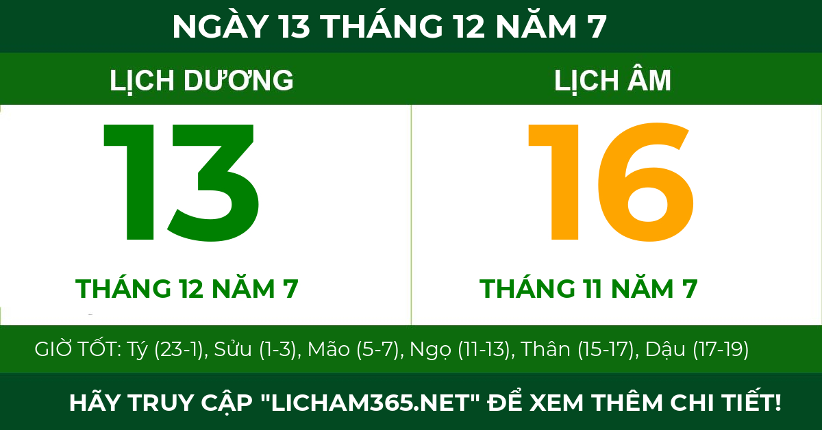 lịch âm ngày 13 tháng 12 năm 7