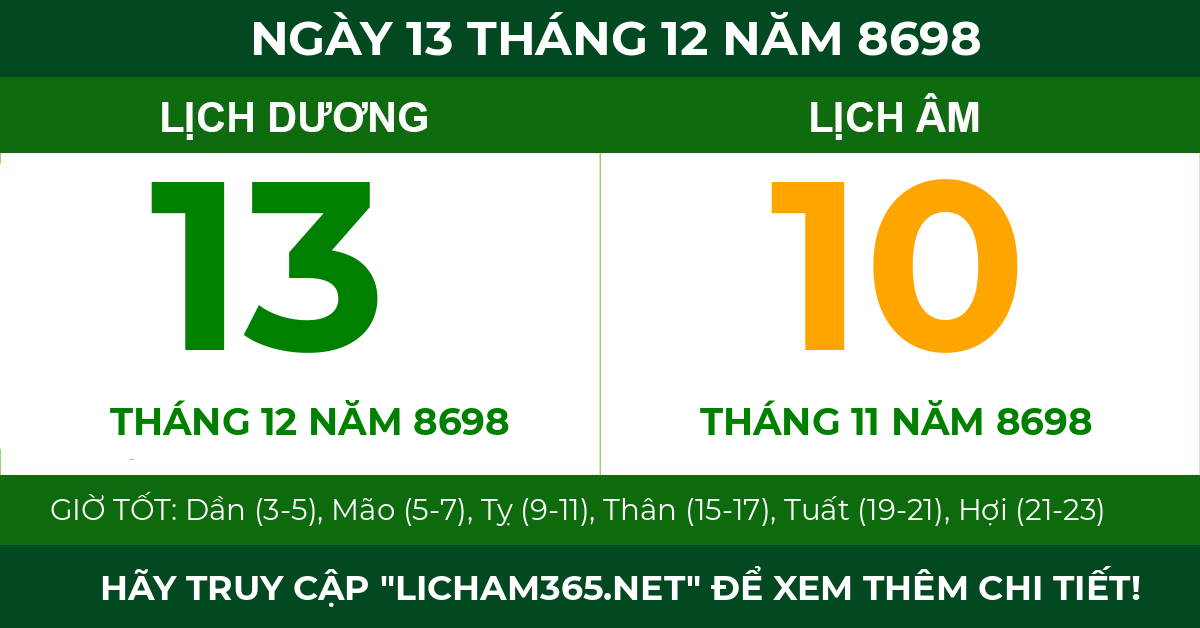 lịch âm ngày 13 tháng 12 năm 8698