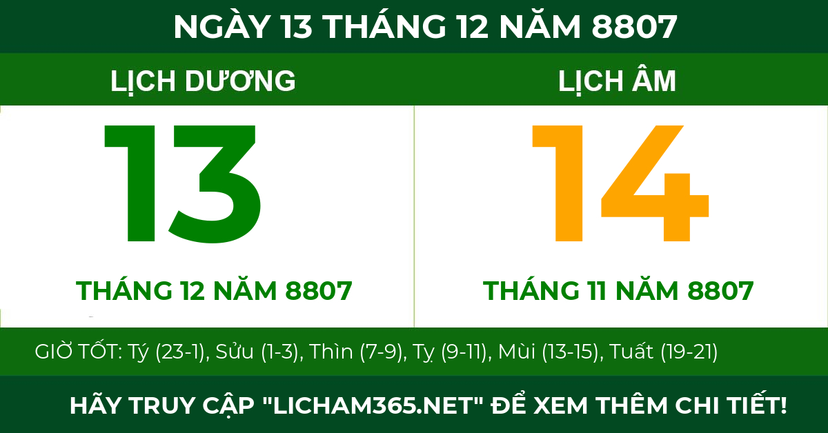 lịch âm ngày 13 tháng 12 năm 8807