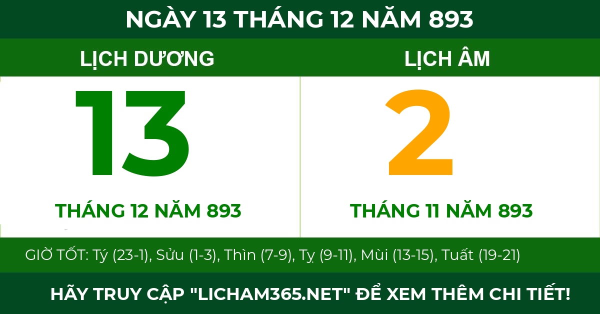 lịch âm ngày 13 tháng 12 năm 893