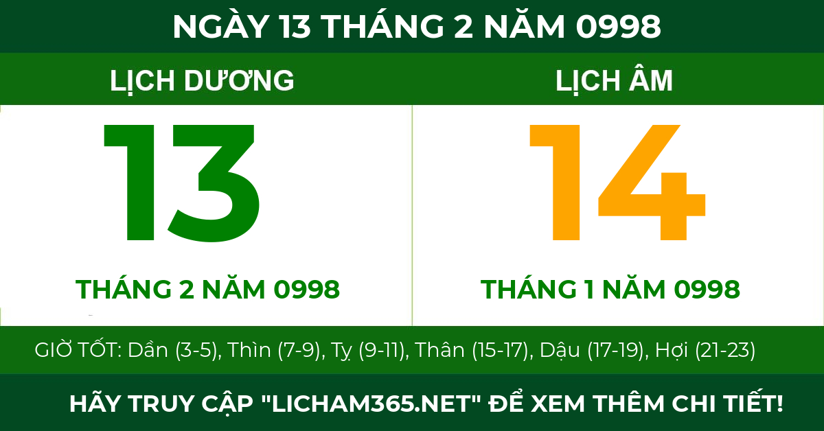 lịch âm ngày 13 tháng 2 năm 0998