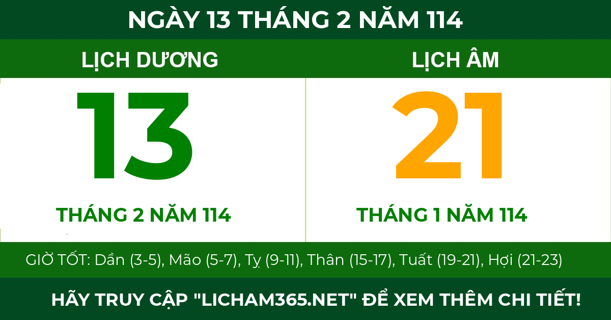 lịch âm ngày 13 tháng 2 năm 114