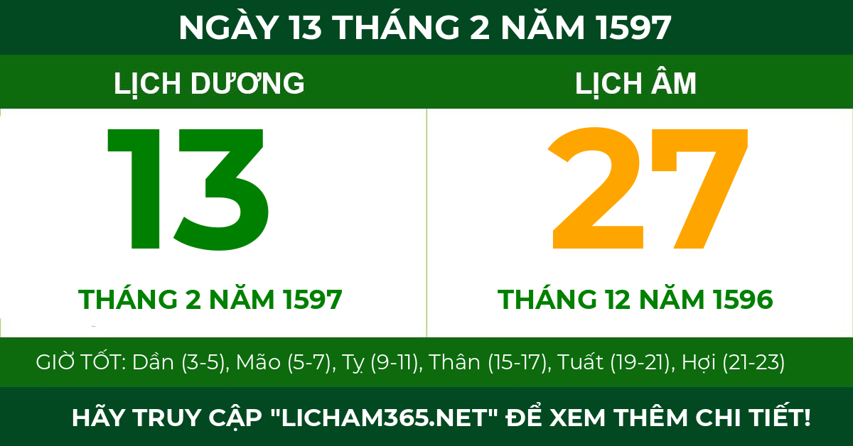 lịch âm ngày 13 tháng 2 năm 1597