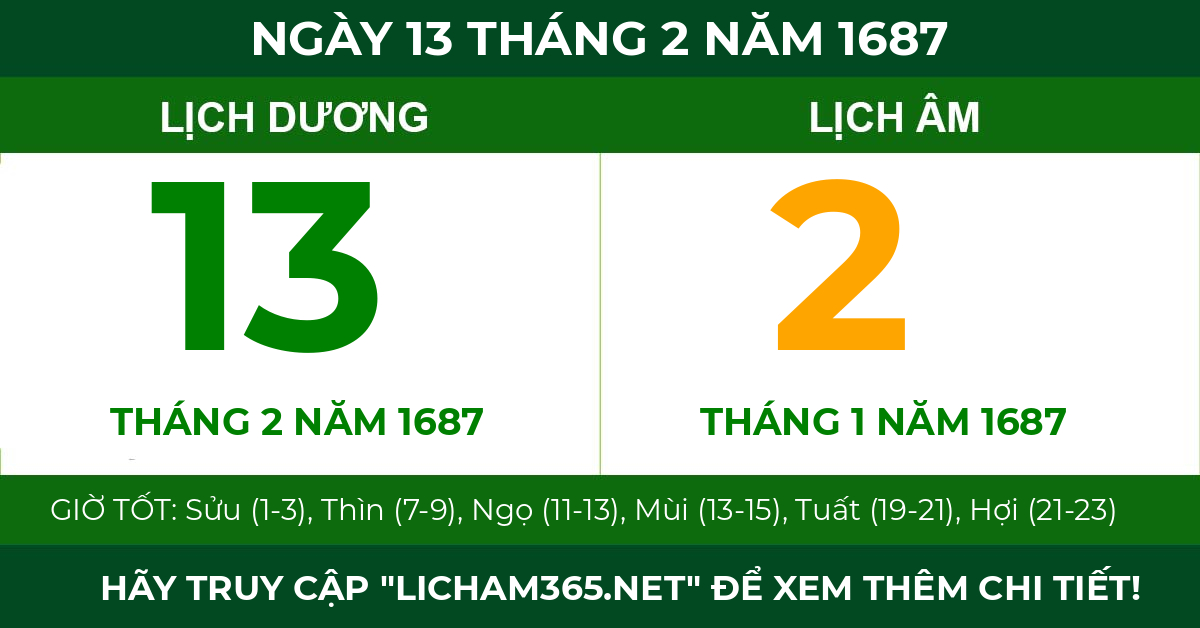 lịch âm ngày 13 tháng 2 năm 1687