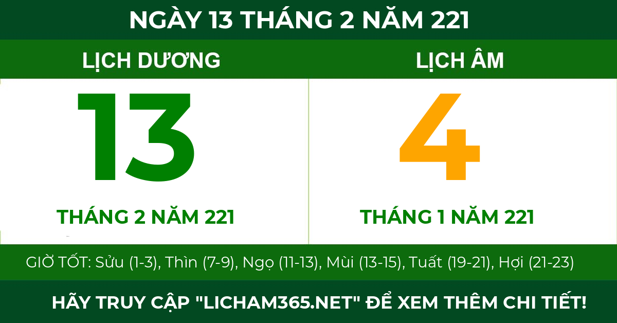 lịch âm ngày 13 tháng 2 năm 221