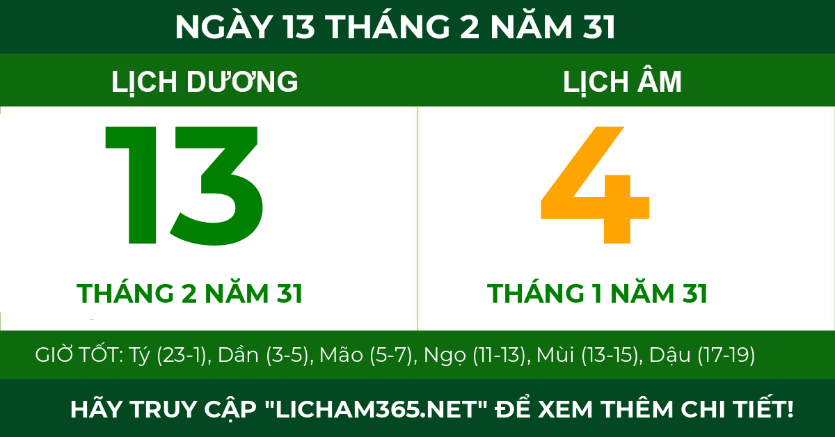 lịch âm ngày 13 tháng 2 năm 31