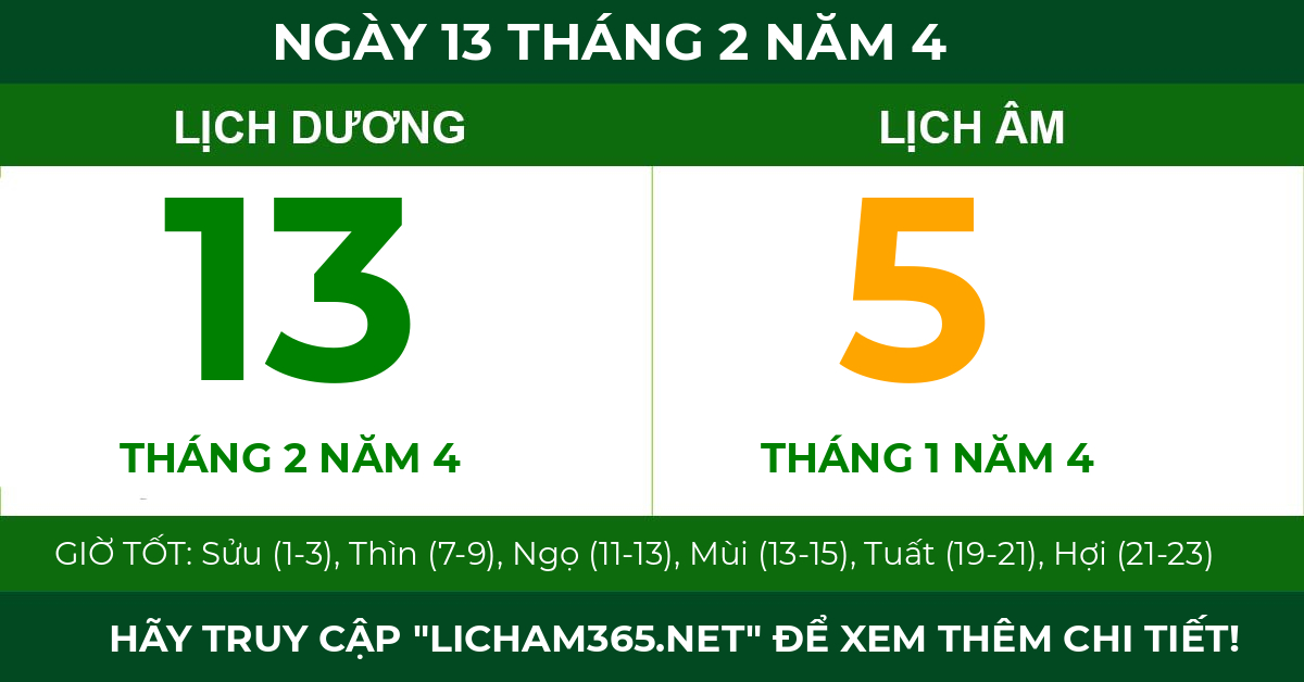 lịch âm ngày 13 tháng 2 năm 4