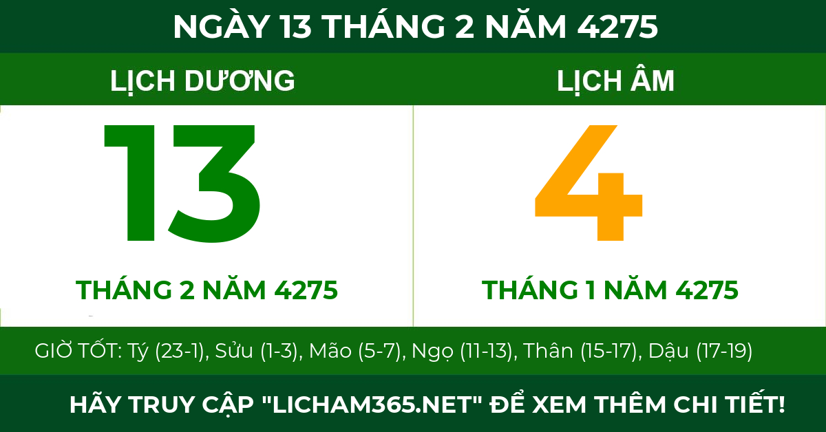lịch âm ngày 13 tháng 2 năm 4275