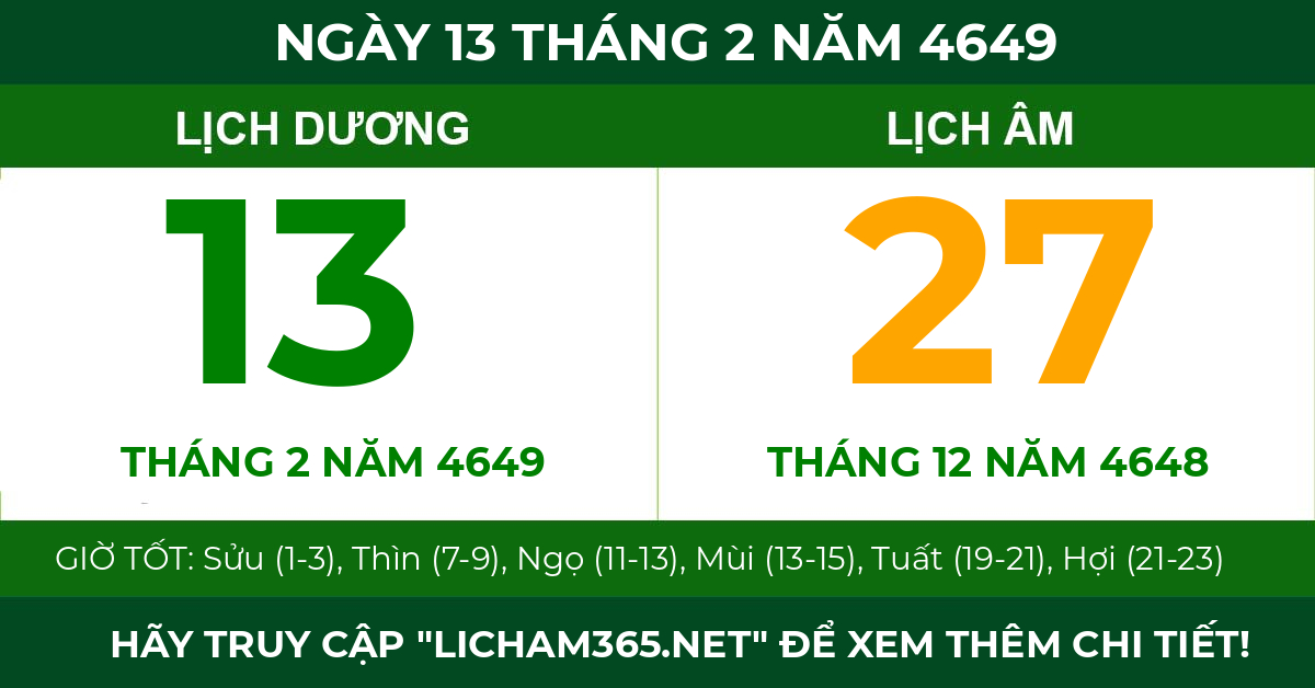 lịch âm ngày 13 tháng 2 năm 4649