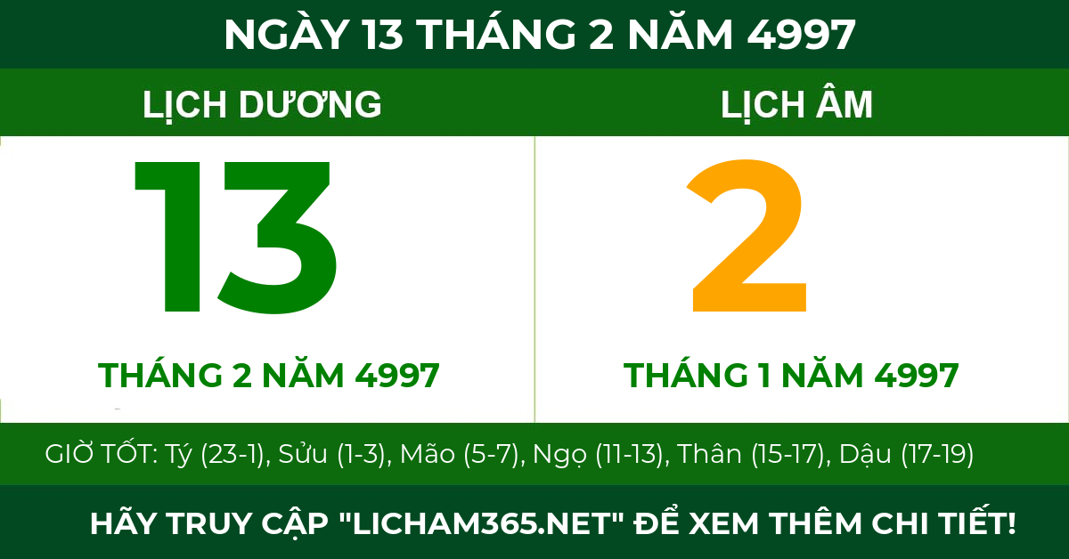 lịch âm ngày 13 tháng 2 năm 4997