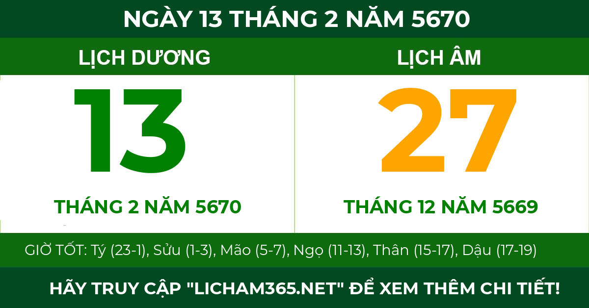 lịch âm ngày 13 tháng 2 năm 5670