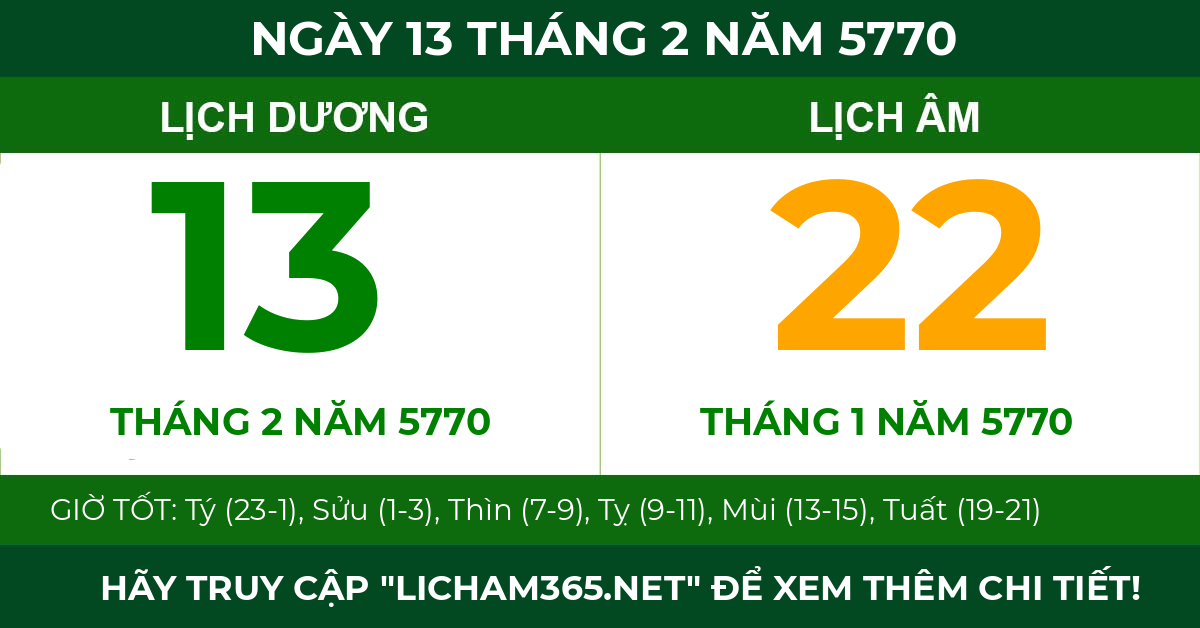 lịch âm ngày 13 tháng 2 năm 5770