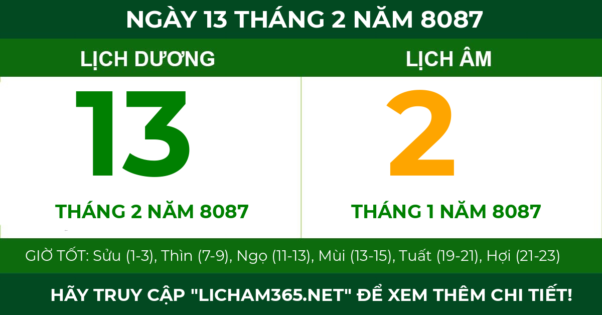 lịch âm ngày 13 tháng 2 năm 8087