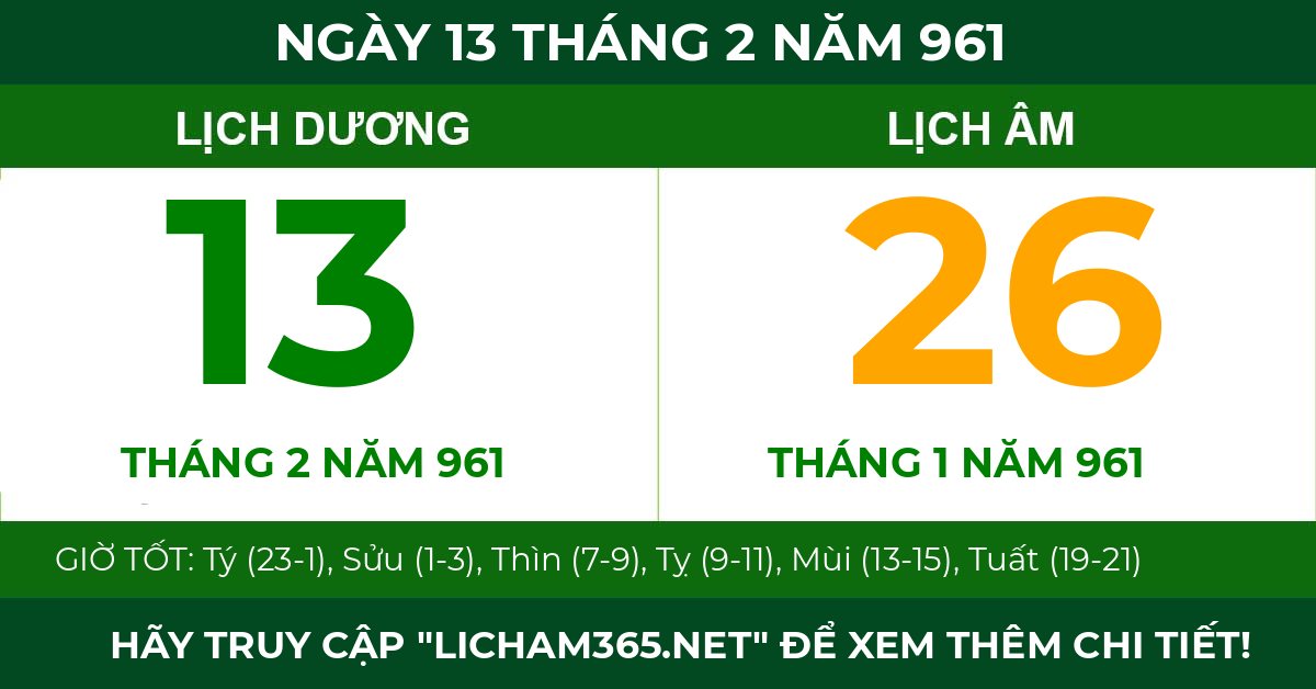 lịch âm ngày 13 tháng 2 năm 961