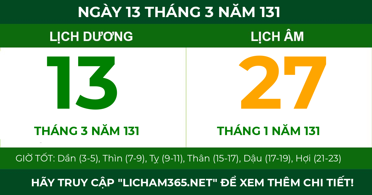lịch âm ngày 13 tháng 3 năm 131