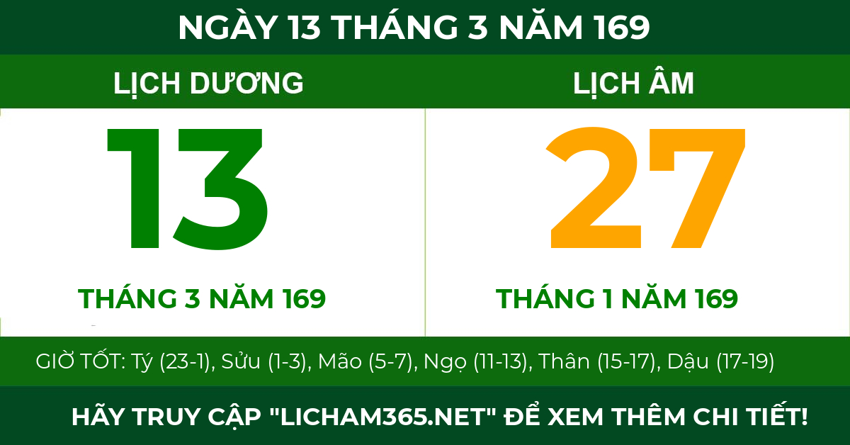 lịch âm ngày 13 tháng 3 năm 169