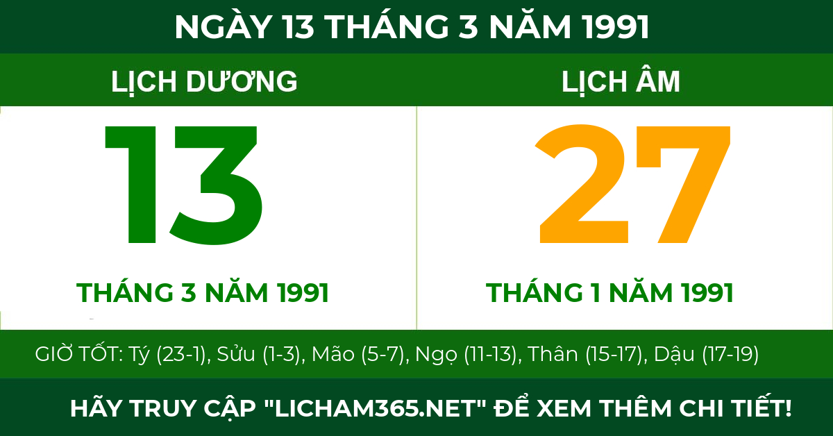 lịch âm ngày 13 tháng 3 năm 1991
