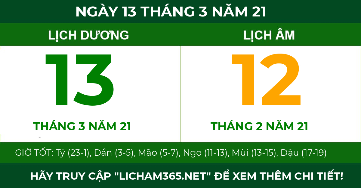 lịch âm ngày 13 tháng 3 năm 21