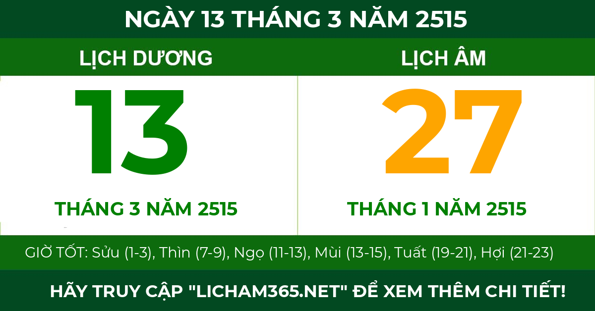 lịch âm ngày 13 tháng 3 năm 2515