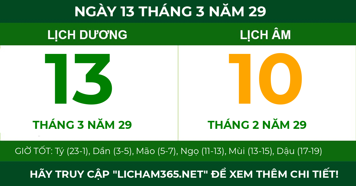 lịch âm ngày 13 tháng 3 năm 29