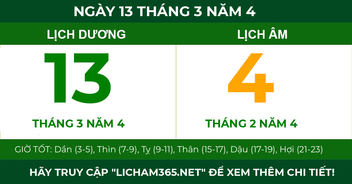 lịch âm ngày 13 tháng 3 năm 4