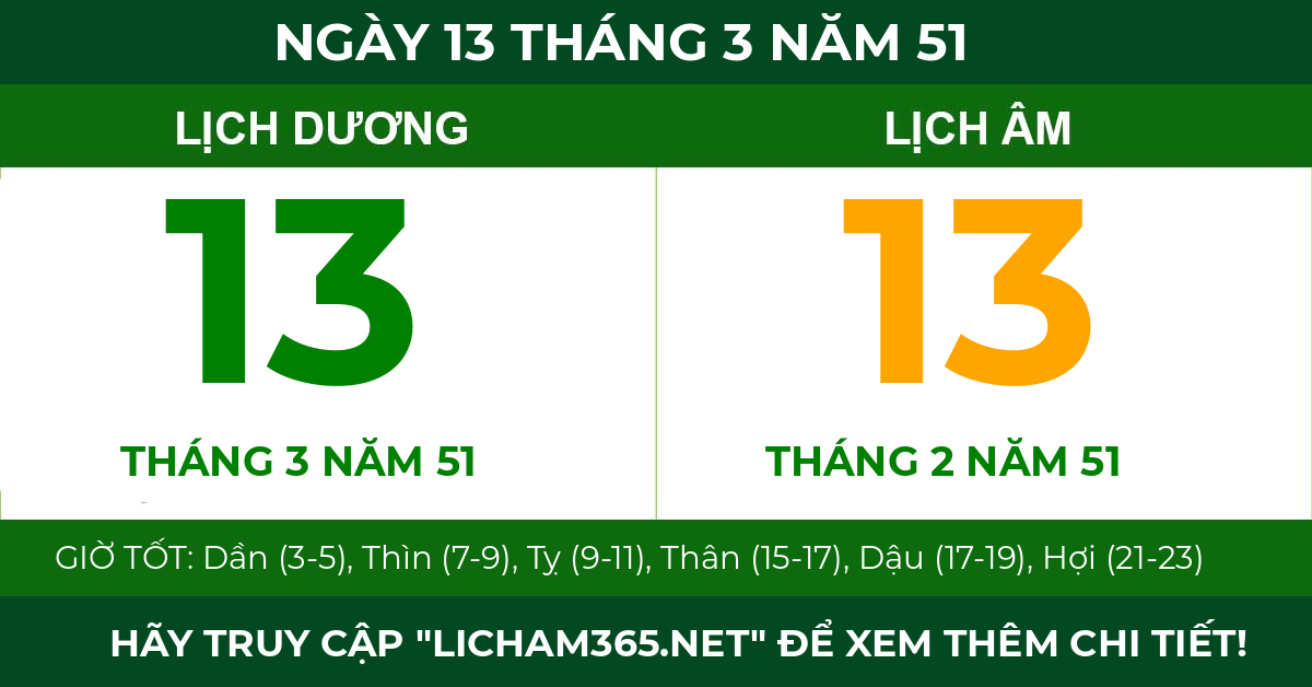lịch âm ngày 13 tháng 3 năm 51