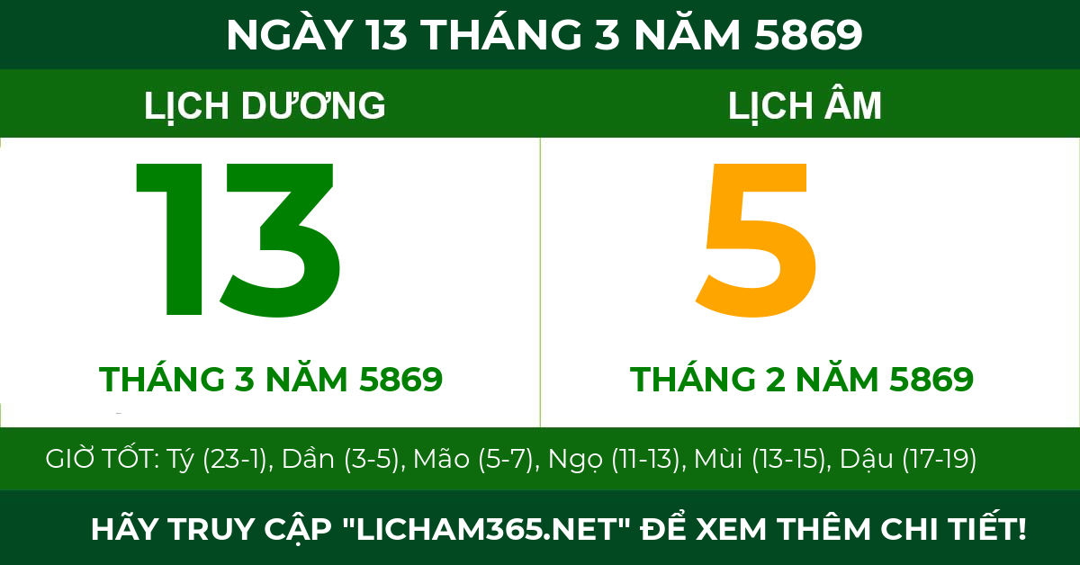 lịch âm ngày 13 tháng 3 năm 5869