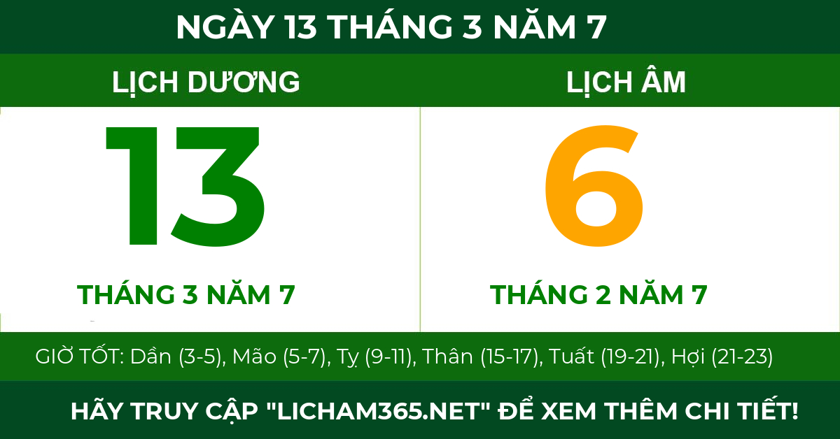 lịch âm ngày 13 tháng 3 năm 7